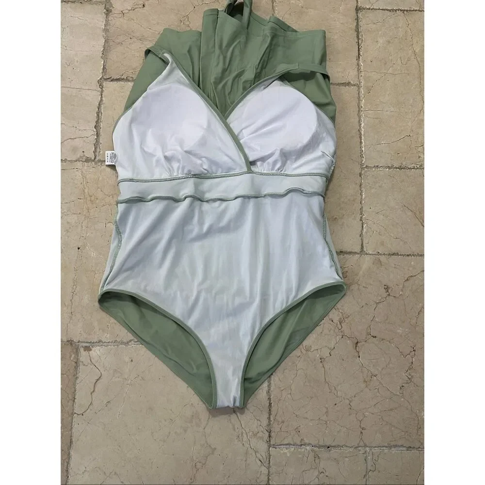 BloomChic 22-24 Sage Green Swim Romper One Piece Shorts Swimsuit Pockets